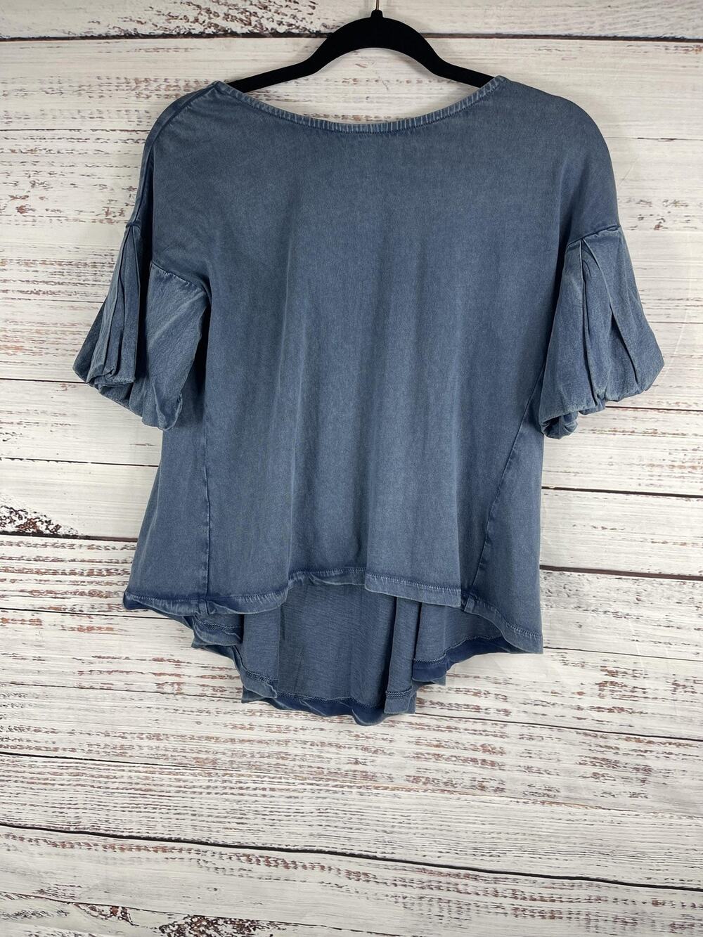 Frye Shirt Women's XS Blue Short Sleeve Pleated Cotton Scoop Neck Casual Top NWT